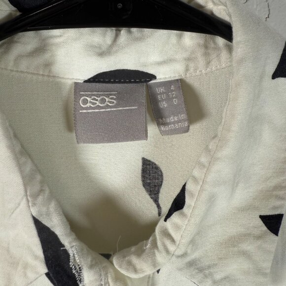 Asos White & Black Long Sleeves Collared Leaf Print Maxi Shirt Dress Size 0 - Picture 3 of 6